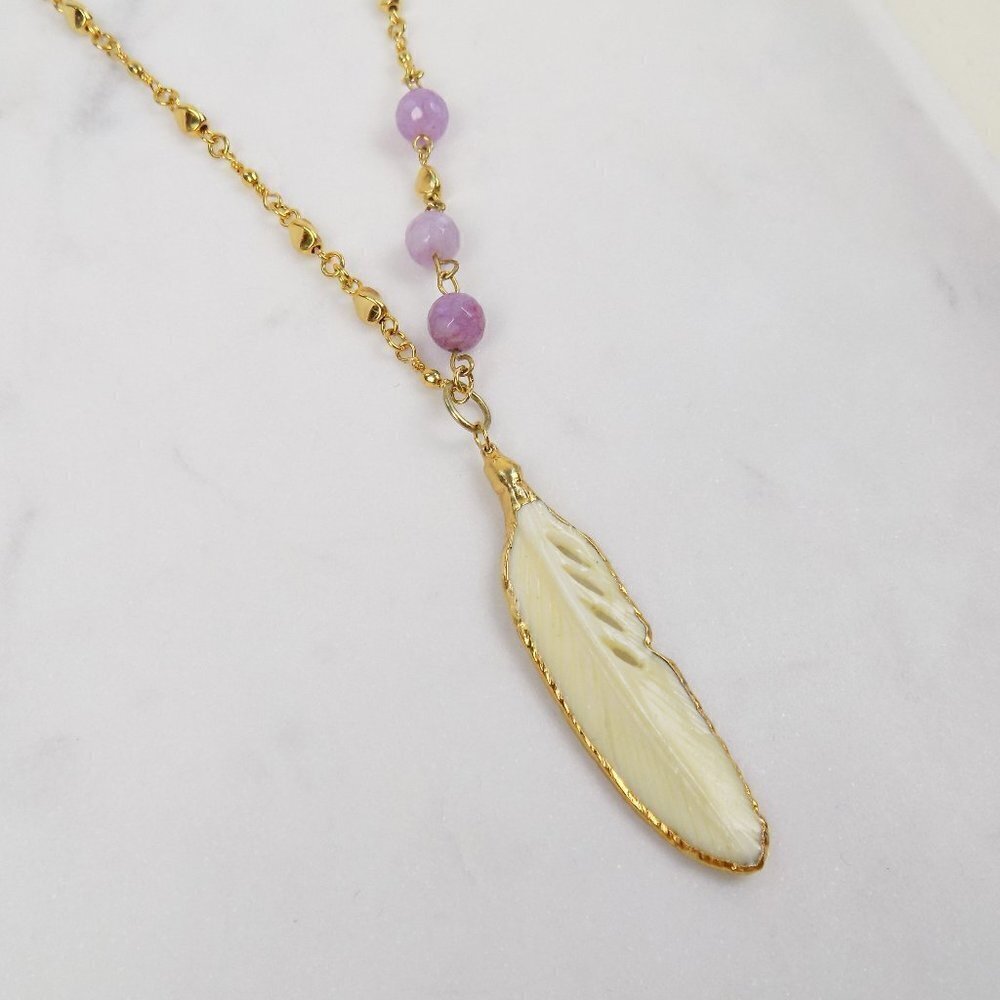 gold beaded necklace with feather pendant charm purple beads